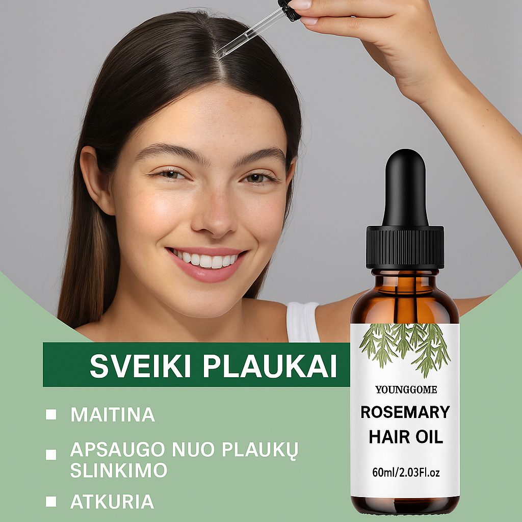 YOUNGCOME Rozmarinų ir levandų plaukų aliejus – maitina, atkuria ir apsaugo nuo plaukų slinkimo 60ml.